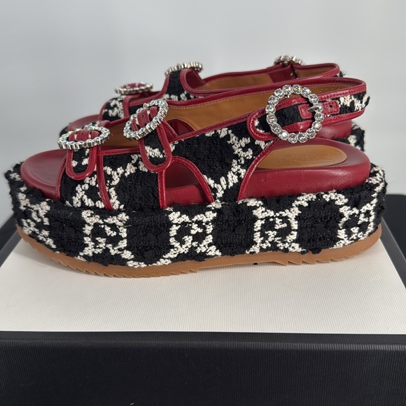 Gucci Black & White Tweed Red Leather Crystal Buckle Platform Sandals SZ 37.5 - Picture 3 of 10